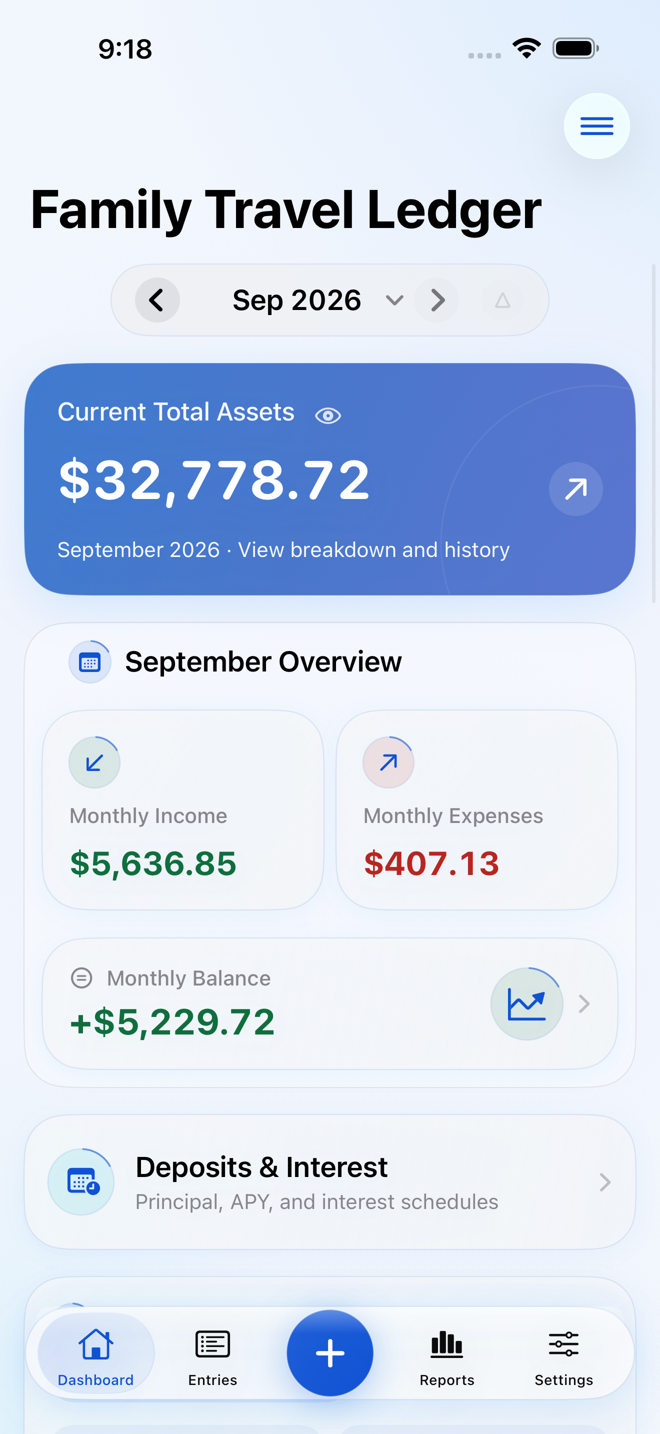 Complete MellowLedger Modern home screen in English: assets, monthly finances and navigation with fictional demo data